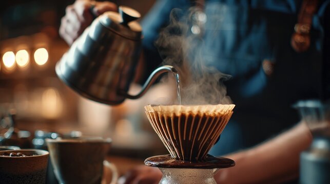Close-up of hands expertly pouring hot water over ground coffee in a pour-over dripper, steaming richly, cozy cafe atmosphere, warm lighting, artisan coffee.