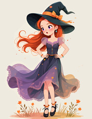 Whimsical Witch Girl in Autumn Field