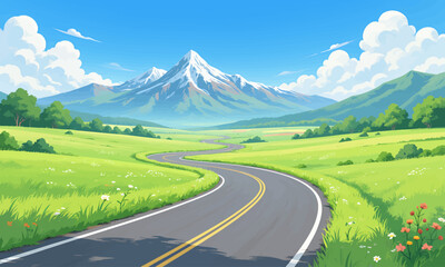 Winding Mountain Road Through Green Meadows