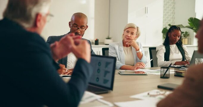 Ceo, talking and meeting with business people in office for account manager, investment banker and team. Collaboration, strategy analyst and revenue report with employee in finance agency for pitch