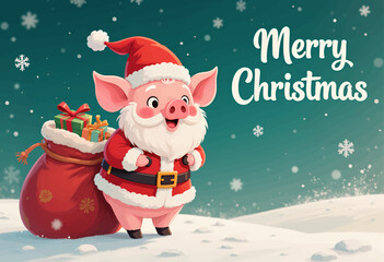 Whimsical Pig Santa in Snowy Christmas Scene
