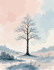 Winter Solitude: Lone Tree in Snowy Meadow at Dusk