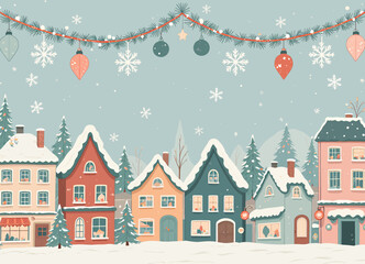 Winter Village Celebration with Snowy Rooftops and Festive Decorations