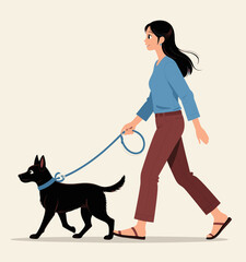 Woman Walking Dog in Casual Outfit on Sunny Day