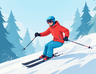 Winter Thrill: Skier Descending Snowy Mountain