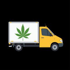 Yellow Cargo Van with Green Leaf Logo on Black Background