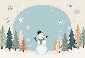 Winter Snowman in Forest with Snowflakes