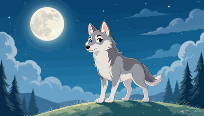 Wolf Under Moonlit Night Sky in Mountain Forest