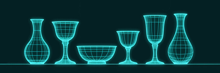 Wireframe Glassware Collection on Dark Shelf