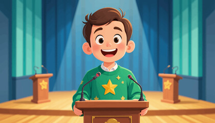 Young Boy Speaking at Conference Podium with Stars Sweater