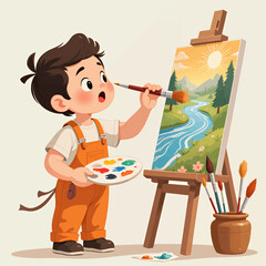 Young Artist Painting Scenic Landscape with River and Sun