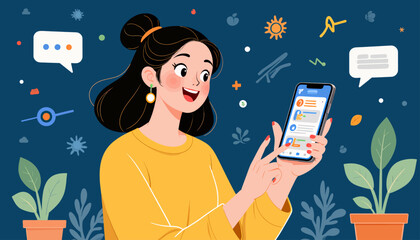 Young Woman Engaged with Smartphone in Vibrant Indoor Setting with Plants
