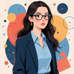 Young Professional Woman in Stylish Glasses and Blazer with Colorful Abstract Background