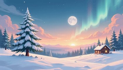 Winter Wonderland: Snowy Forest Cabin Under Northern Lights