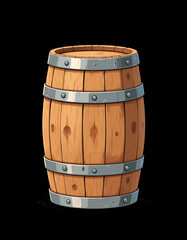 Wooden Barrel with Metal Bands on Black Background