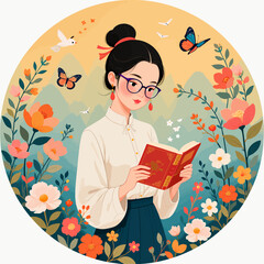 Young Woman Reading in Floral Garden