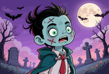 Zombie Boy in Spooky Graveyard at Dusk