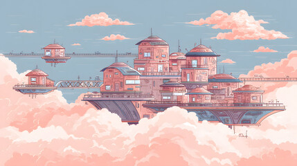 flat illustration of a floating futuristic city