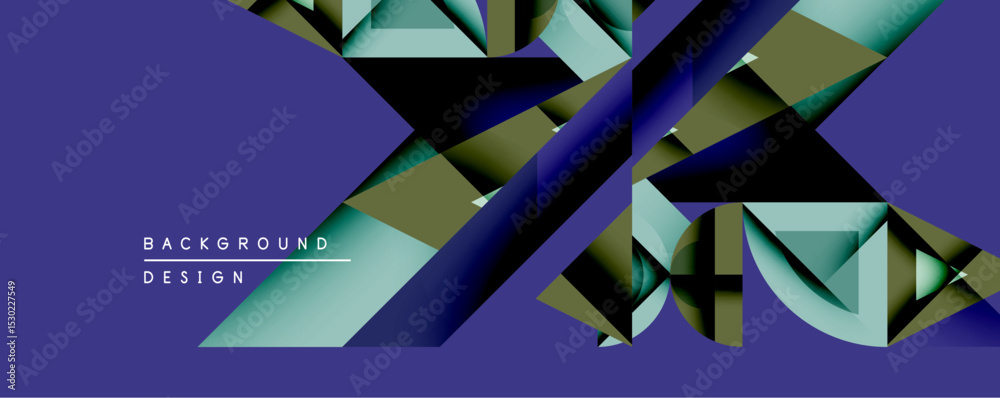 Aufkleber Abstract geometric composition. Overlapping polygons create dynamic visual effect. Dark purple background contrasts with teal, olive, gold shades. Modern design element.