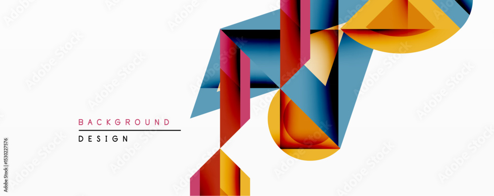 Poster abstract geometric design features vibrant polygonal shapes. blue, red, yellow hues create dynamic c