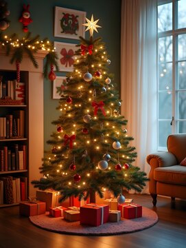 Cute decorated Christmas tree. christmas atmosphere. new year postcard