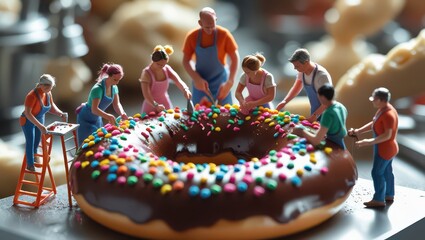 A dynamic ultra-realistic miniature scene showing several tiny people cooking a giant pot of soup