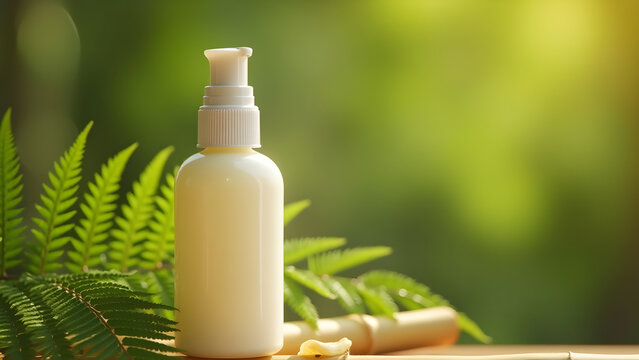 Biodegradable skincare bottle rests on bamboo, elegantly framed