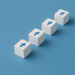 Obraz premium Four white cubes with blue arrows on a blue surface