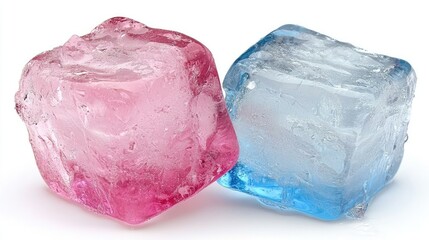Two Colored Ice Cubes Pink and Blue on White Background