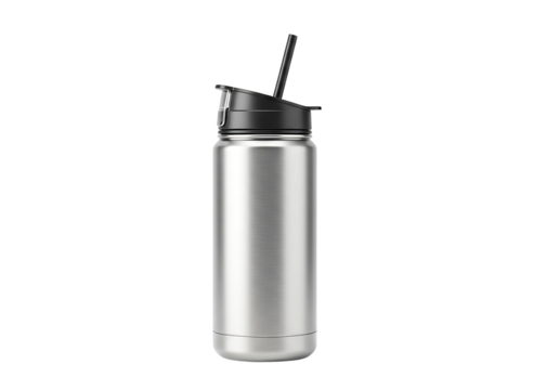 Stainless steel water bottle with straw lid isolated on transparent background