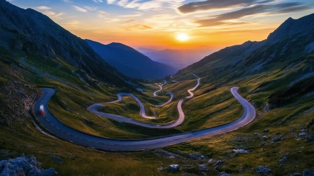 Breathtaking View of Transfagara?an Road in Romania at Sunset: A Winding Mountain Pass