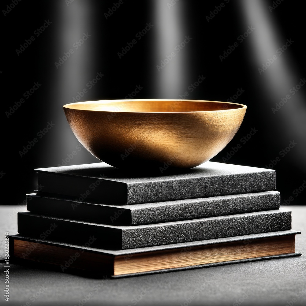 Poster golden bowl resting atop a stack of books in dramatic lighting: a study in contrast and texture.