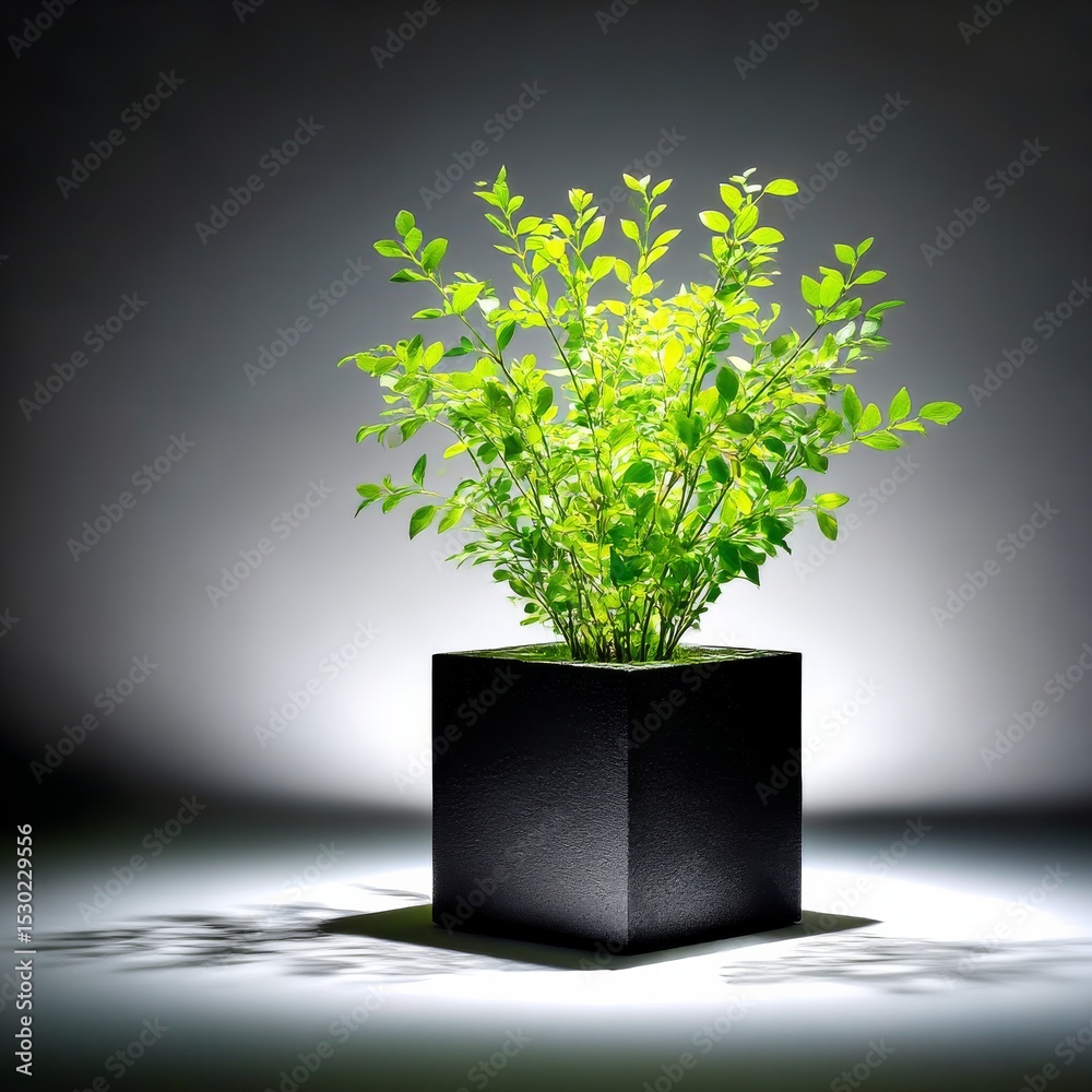 Poster Green bush in a black rectangular pot, illuminated by a spotlight in a studio setting creating sharp shadows.