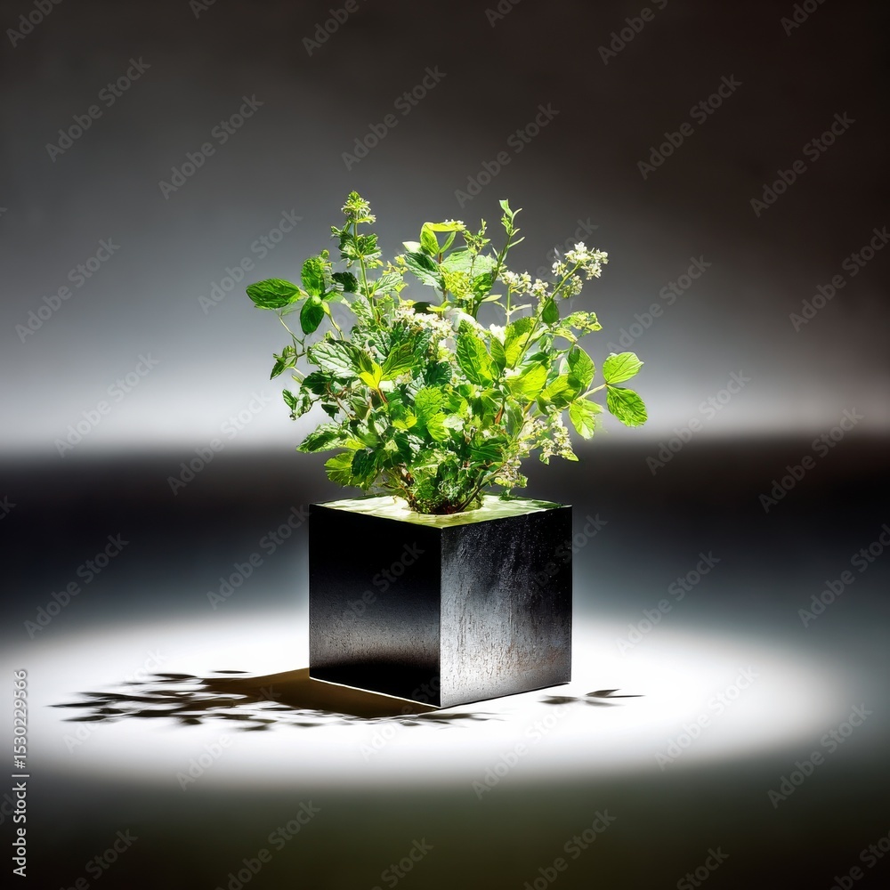 Poster Greenery in a Black Cube: A Contrast of Natural Growth and Minimalist Design Illuminated in a Studio Setting