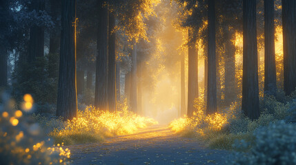 Obraz premium Hidden forest path with tall trees and golden sunlight