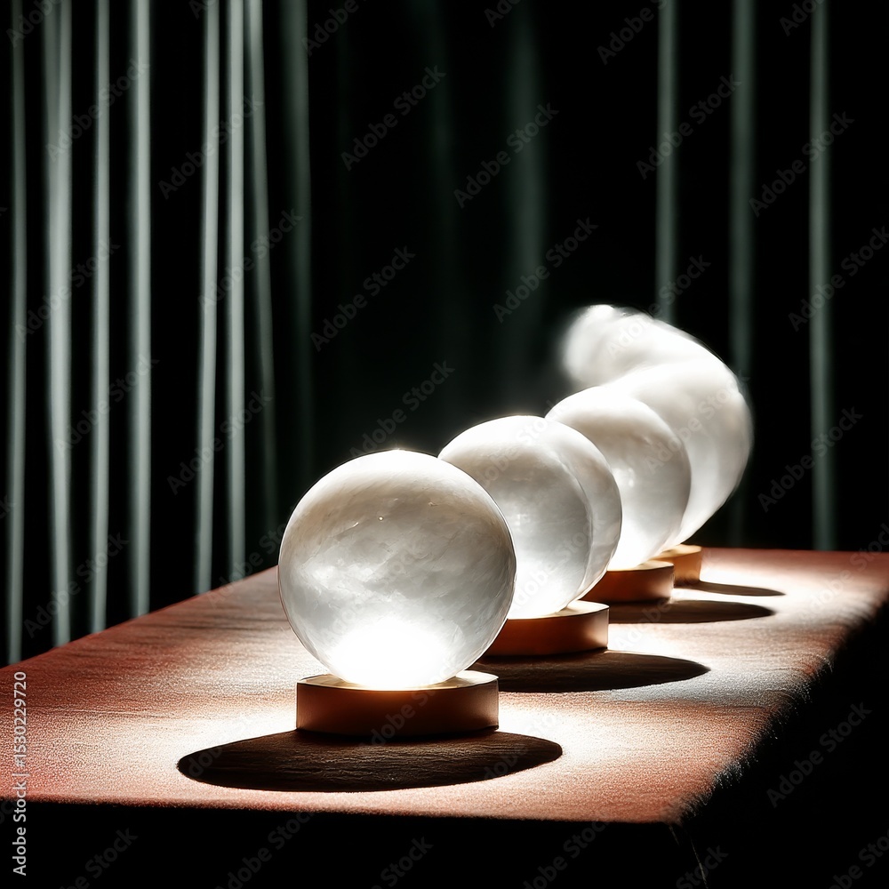 Poster illuminated spheres: a row of glowing crystal balls cast light on a table against a dark curtain bac