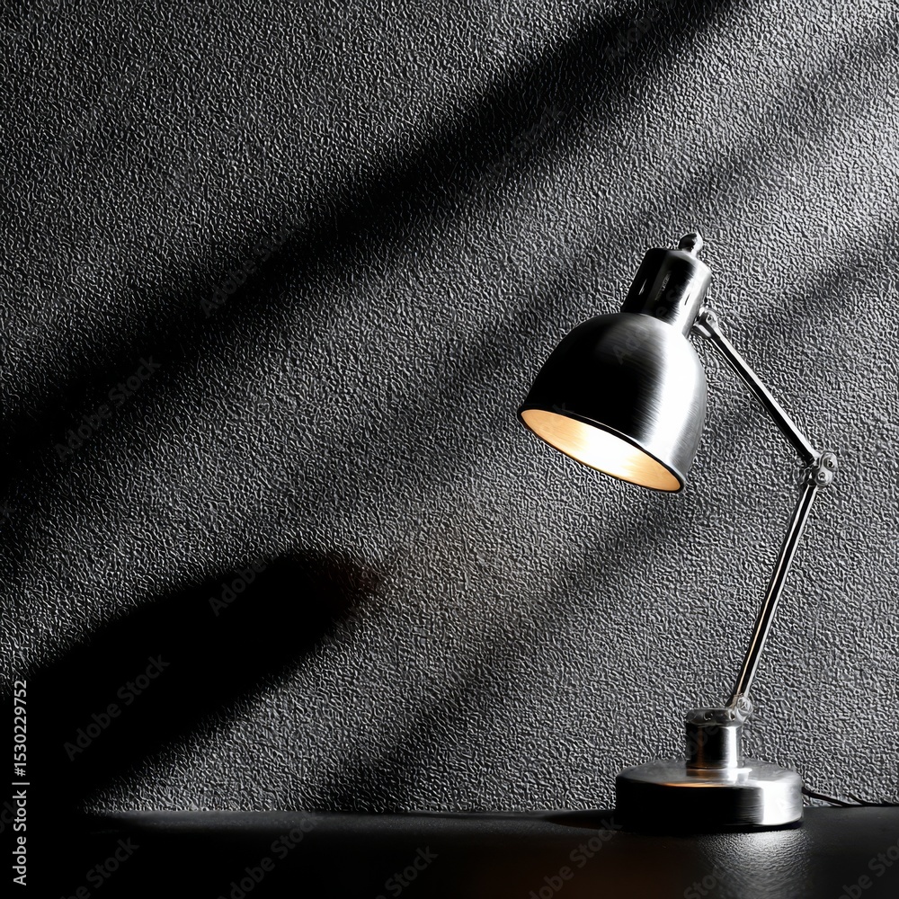Poster Illuminating the Textured Void: A Chrome Desk Lamp Casts Light and Shadow Against a Deep, Dark Backdrop.