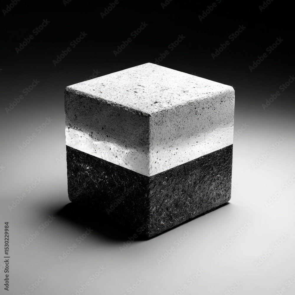 Poster monochrome contrast: a cube with black, white, and gray tones, highlighting texture and form in a mi
