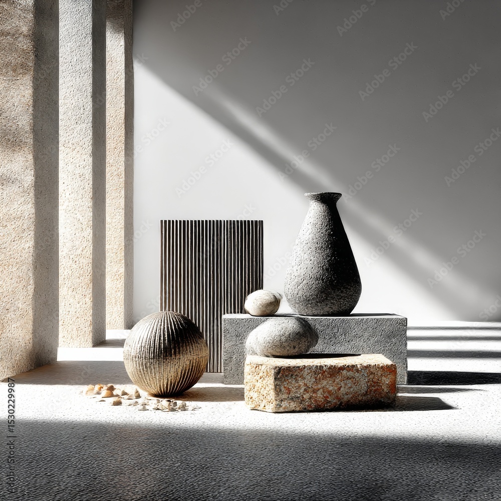 Poster monochromatic still life: stone vases and geometric forms bathed in light and shadow, creating a ser