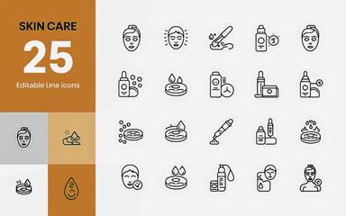Iconic Skin Care: A comprehensive set of twenty-five minimalist line icons, each meticulously crafted to represent a diverse range of skincare products and treatments, embodying beauty and wellness.