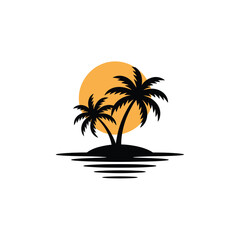 Tropical Island Silhouette with Palm Trees and Sunset Graphic