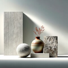 Modern Still Life: Textured Surfaces and Ceramic Vase with Dried Floral Arrangement in Soft Light