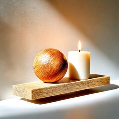 Serene Still Life: Candlelight Glow and Wooden Sphere on a Rustic Wooden Plinth Bathed in Soft, Natural Light