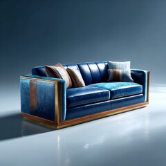 Sophisticated Blue Leather Sofa with Wooden Accents and Decorative Pillows on a Minimalist Grey Background.
