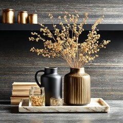 Still life arrangement with dried flowers, vases, books, and golden jars against a textured wall.