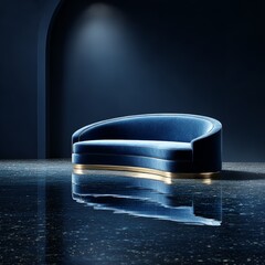 Sophisticated Serenity: A Plush Blue Velvet Sofa with Gold Accents in a Dark, Reflected Space