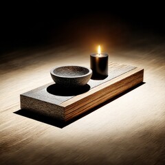 Still Life: Candlelight and Stone Bowl on Wood Platform Illuminating Serene Moment in Warm Light