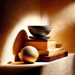 Serene Still Life: Harmony of Texture, Form, and Light with a Dark Bowl, Books, and Golden Sphere in Warm, Textured Ambiance