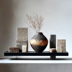 Still Life Composition: Black Vase with Dried Flowers and Textured Stones on Floating Shelf Against Grey Background