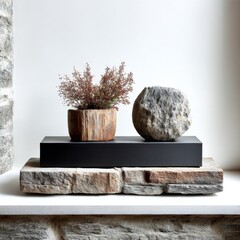 Still Life Composition: Earthy Tones and Textures featuring a Rock, Plant Pot, and Stone, Balancing Nature and Form